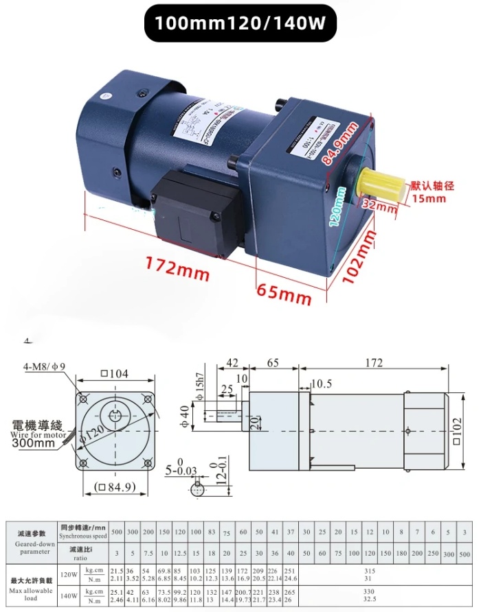 120W gear motor size 120W gear motor size